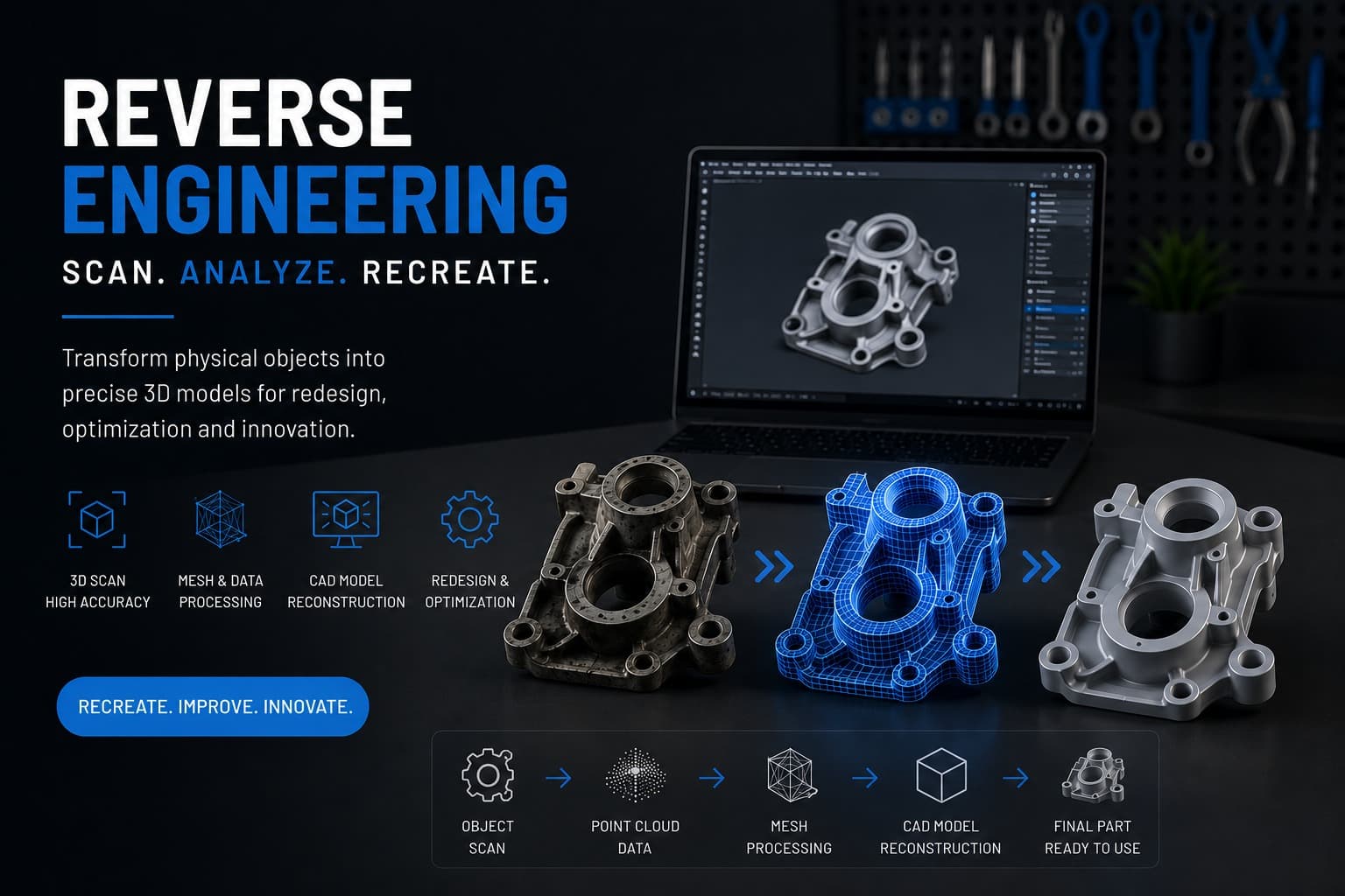 Digitised 3D model of a battery cover created through reverse engineering
